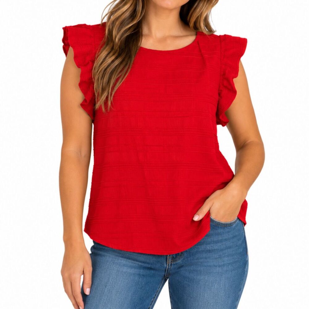Women’s Red Textured Ruffle Cap Sleeve Scoop Neck Blouse | Size L